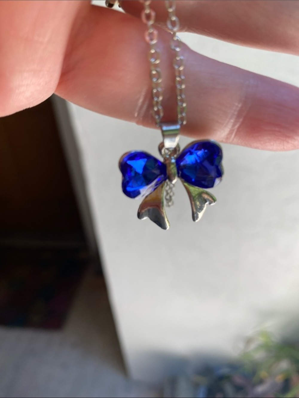 Blue Crystal Bow Pendant Necklace